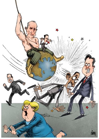 Политика: Путин и Сирия на обложках мировых СМИ и карикатурах